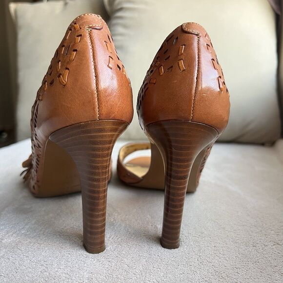 Via Spiga Tan Woven Leather Open Toe Heels Women 8.5 Cut Outs Flower Casual - Picture 11 of 16